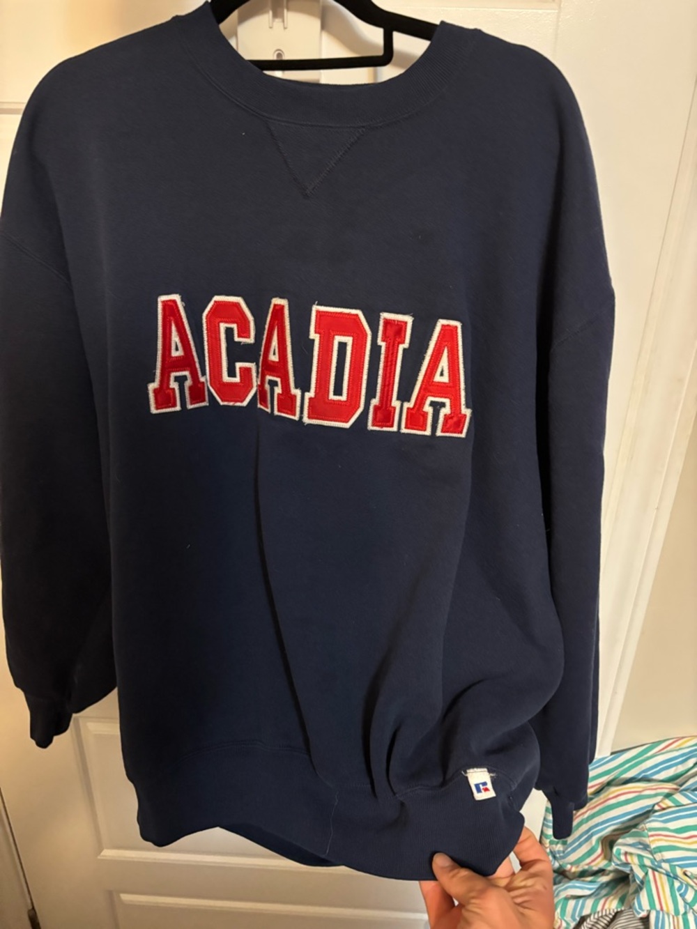 Vintage Russell Athletic Navy Crewneck Sweatshirt with Red 'ACADIA' Script